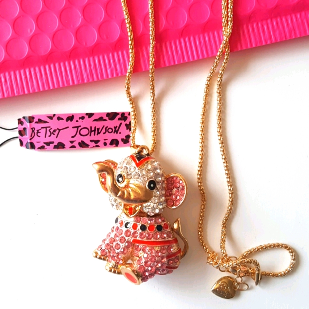 Betsey Johnson Style Necklace Elephant Crystal Pendant